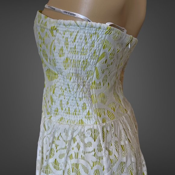 Guess Strapless Dress Size 14 Green White Knee Length Full Lace Stretch Lined - Picture 7 of 16